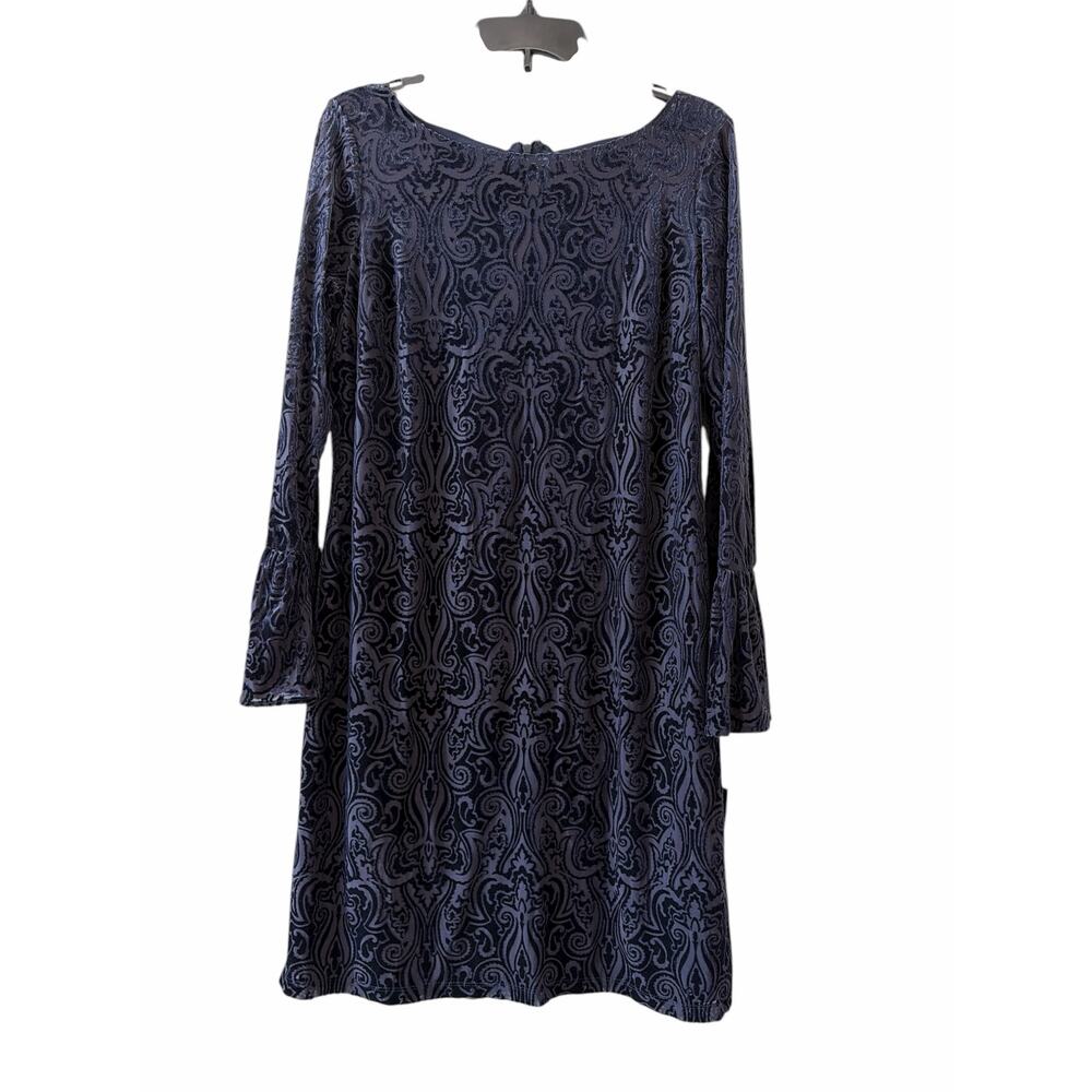 Leslie Fay Blue Velvet Burnout Shift Dress Bell Sleeves Women’s Sz 10 Whimsigoth